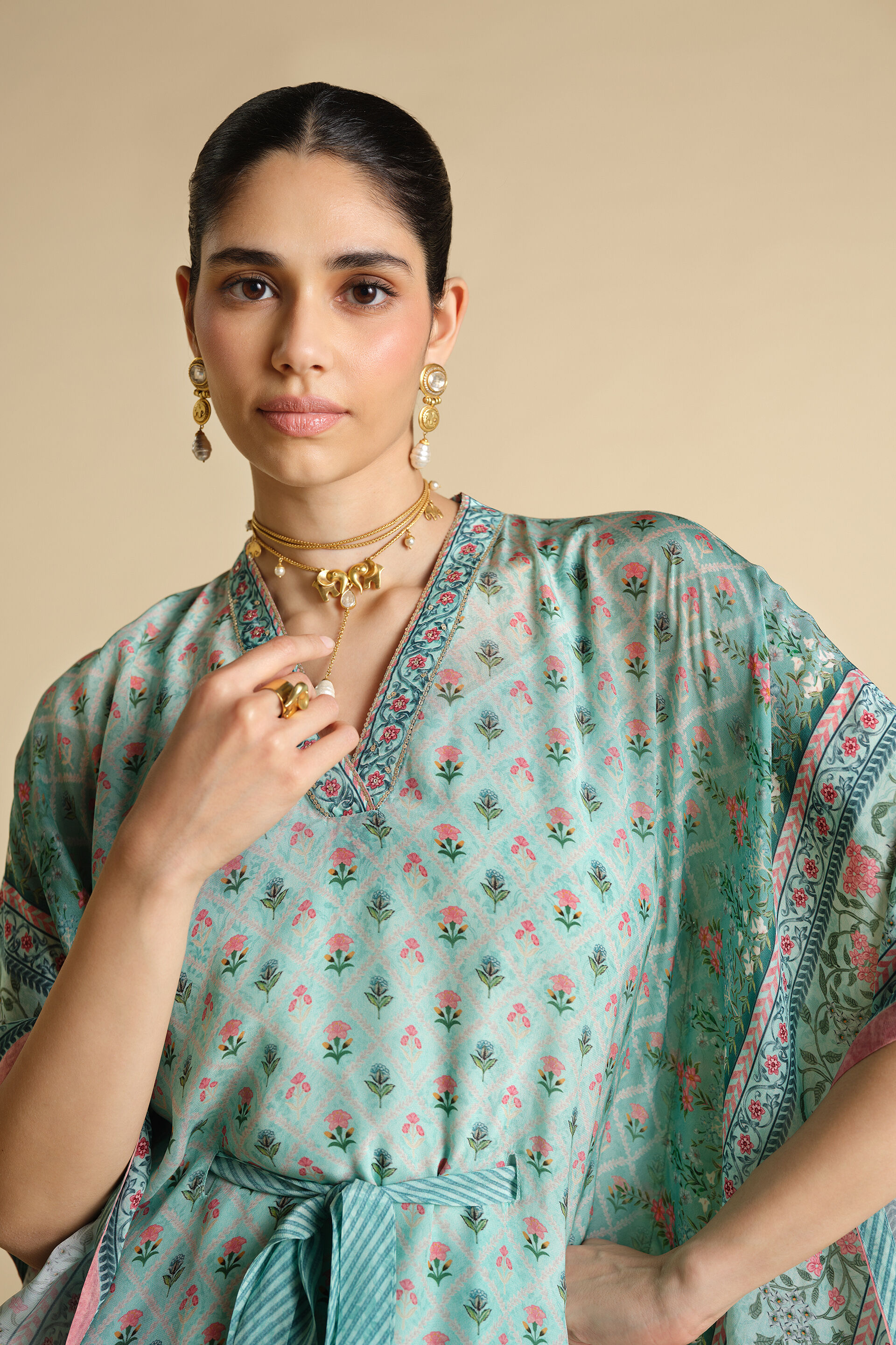 Kirsi Printed Kaftan - Aqua, Aqua, image 5